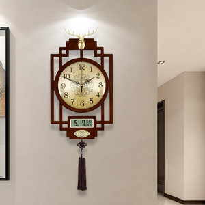 新中式挂钟客厅家用木质中国风钟表简约万年历静音时钟创意石英钟