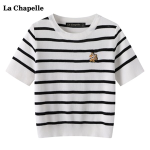 拉夏贝尔/La Chapelle夏季新款金鱼刺绣条纹针织衫女圆领短袖上衣