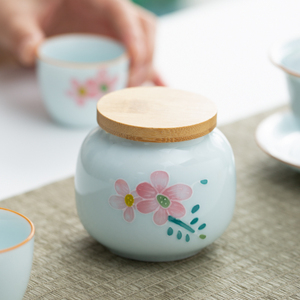 陶瓷釉下彩纯手绘小号茶叶罐密封存储茶馆便捷户外携带茶叶包装罐