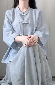 新中式茶艺师改良汉服国风蓝色棉麻禅意女装复古文艺半身裙两件套