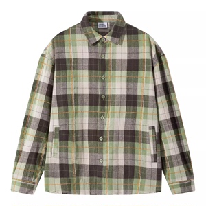 SANBAI 叁佰牛油果长袖格子衬衫男士时髦慵懒风绿色格纹休闲上衣