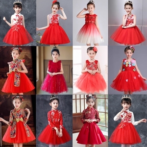 六一儿童演出服小学生红色合唱团幼儿园喜庆舞蹈蓬蓬纱裙表演服装