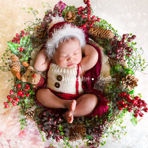 宝沃儿童摄影道具圣诞套装帽子配裤子新生婴儿影楼照相拍照服装