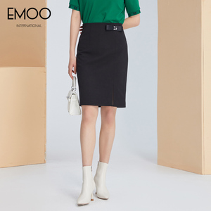 EMOO杨门女装秋季新品高腰修身开叉显瘦中款半身裙显瘦包臀裙