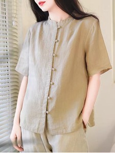 外贸出口原单纯色衬衫女夏宽松复古棉麻尖领上衣小众短袖品牌衬衣