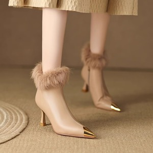 品牌真皮短靴女2024秋冬新款高跟鞋女细跟毛毛鞋气质法式小踝靴子