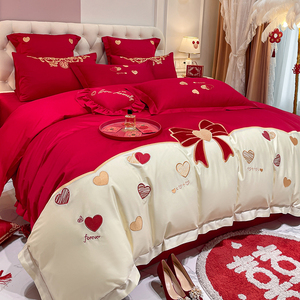 简约结婚四件套床上用品高级感婚庆红色纯棉刺绣被套陪嫁婚房喜被