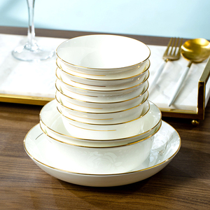 景恒 骨瓷碗碟家用金边单个饭碗盘子散装面碗深盘平盘中式白玫瑰