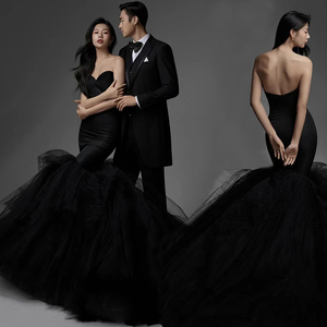 新款影楼拍照主题服装摄影杂志风韩版复古黑色婚纱修身鱼尾礼服