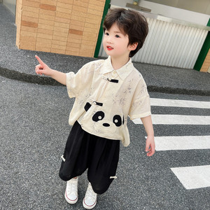 儿童夏季薄款套装2024新款洋气宝宝男童女童夏装卡通熊猫短袖衣服