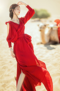 敦煌沙漠裙子异域风情服装大西北旅游穿搭古埃及红裙红色连衣裙女