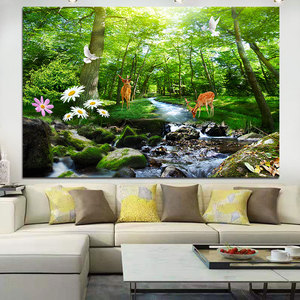 阳光树林森林山水画鹿小溪流水生财客厅房间装饰挂画绿色自然风光