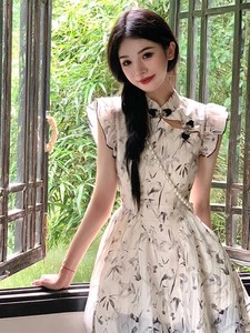 新中式女装小个子连衣裙夏高级感收腰无袖蓬蓬公主裙少女改良旗袍