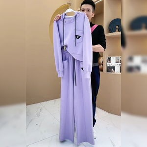 欧洲站运动套装女春季时尚洋气2024新款宽松舒适紫色卫衣两件套潮