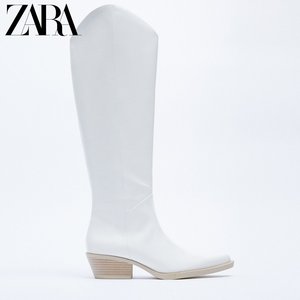 37现货 ZARA秋季新品 女鞋 白色时尚复古高跟尖头骑士靴 1383181
