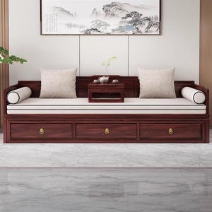 新中式仿古全实木罗汉床推拉南美胡桃木伸缩抽拉床带抽屉沙发床榻