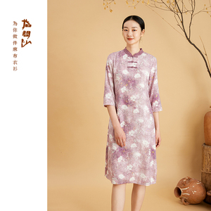 指间沙原创设计女装2023秋季新款中长款修身新中式印花棉麻连衣裙