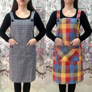 纯棉布格子围裙女家用厨房防油污做饭罩衣时尚可爱透气背带工作服