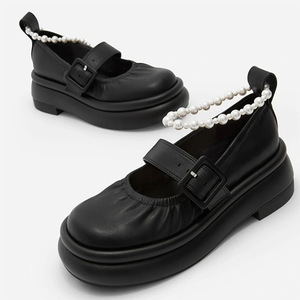 UR2023新款厚底珍珠白色一字带学院风法式小皮鞋玛丽珍鞋女单鞋子