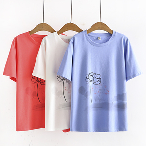 2022夏季韩版女新款休闲上衣显瘦圆领荷花印花短袖文艺大码T恤