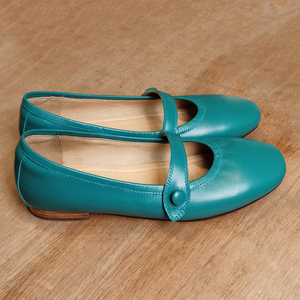 蓝绿色一字扣带玛丽珍女鞋复古低跟舒适奶奶鞋圆头粗跟浅口单鞋女