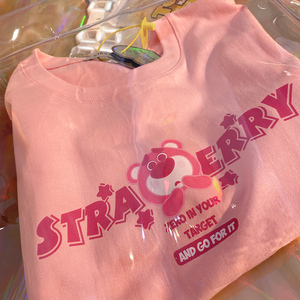 奶桔粉色~纯棉草莓熊T恤女宽松2024年新款短袖半袖情侣装夏季上衣