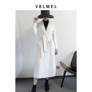 VELMEL2020新款赫本风白色羊绒羊毛大衣女修身中长款过膝毛呢外套