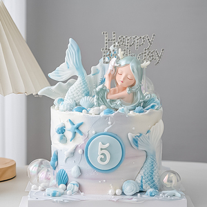 梦幻美人鱼蛋糕装饰摆件贝壳海星海洋公主女孩生日甜品台派对用品