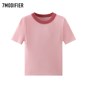拉夏贝尔7M2024年夏装新款通勤圆领拼接粉色正肩短袖T恤上衣女装