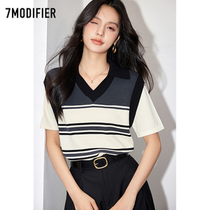 拉夏贝尔7M2024年夏装韩版首尔学姐针织条纹短袖假两件T恤上衣