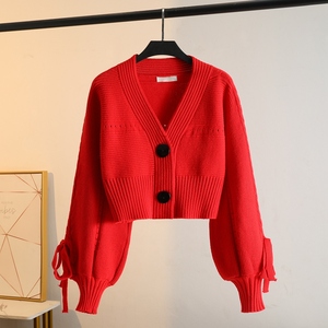 红色毛衣女粗针编织坑条宽松短款小个子上衣春秋新款针织开衫外套