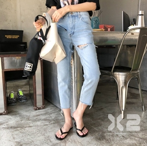 [转卖]韩国X2代购2020春夏女装浅色水洗高腰前后破洞…