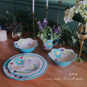 爱琴海外贸陶瓷家用创意手绘花西餐盘餐具套装圆盘平盘汤碗 水杯