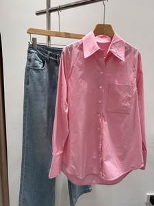 原单欧货Polo领纯棉粉色衬衫一排扣显白气质中长款宽松开衫外套女