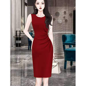 高端质感无袖配外套红色连衣裙2024女夏季新款礼服气质内搭小红裙