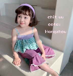 韩系童装女童夏季套装2022新款格子吊带背心中大童紫色裤子两件套