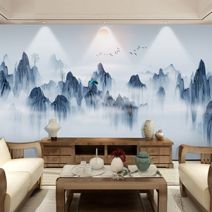 新中式山水水墨画抽象背景墙卧室客厅贴画装饰墙画壁纸墙纸墙贴纸