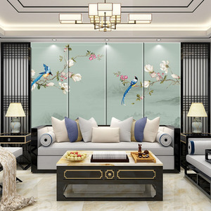 新中式花鸟硬包背景墙酒店客厅沙发装饰墙板现代卧室床头软包壁画