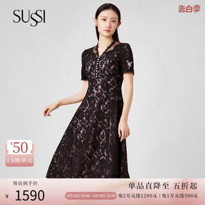 SUSSI/古色夏季新品黑色复古蕾丝V领短袖刺绣中长款连衣裙女