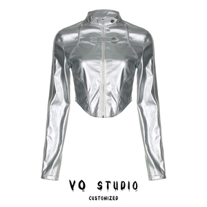 VOstudio未来感银色反光条机车风皮衣短款外套美式潮流酷辣夹克女