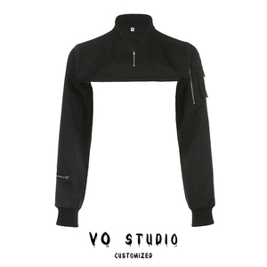 VOstudio 工装机能风辣妹超短款小外套女拉链口袋罩衫黑色上衣春