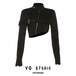 VOstudio 酷帅短款系带黑色外套女春秋辣妹设计感立领拉链袖夹克