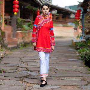 少数民族服装女拉祜族云南特色民族风红色纯麻修身中长上衣生活装