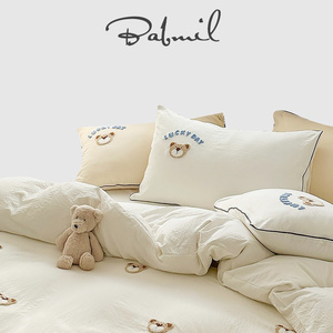 英国MOMOWISH 水洗棉可爱小熊四件套米白色毛巾绣床单款床上用品
