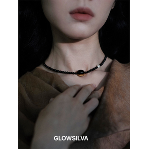GLOWSILVA/小众设计天然石黑玛瑙虎眼石青金石项链锁骨链925银