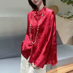 意大利高定高档改良唐装上衣女红色洋气中国风外套对襟新中式外衣