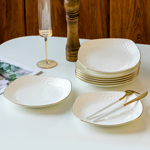 盘子菜盘家用陶瓷菜碟子大号创意欧式金边骨瓷深汤圆饭盘套装10个
