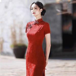 红色国风改良旗袍2024年新款夏季年轻款女复古修身日常可穿中长款