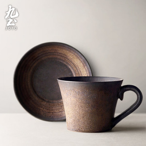 九土日式手工粗陶复古咖啡杯碟个性鎏金下午茶杯单品杯情侣杯定制