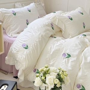泡泡纱水洗棉床上四件套公主风刺绣被套床单人床裙款床品单人套件